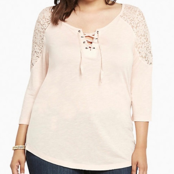torrid Tops - Torrid Women’s Blush Pink Inset Lace Up Henley Tee Size 2X